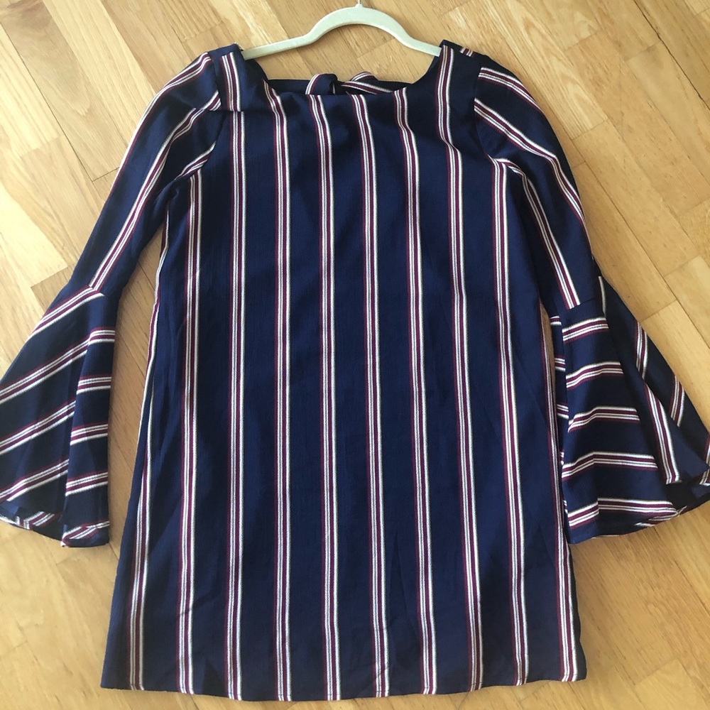 Akira Navy and Maroon Flounce Sleeve Striped Dress